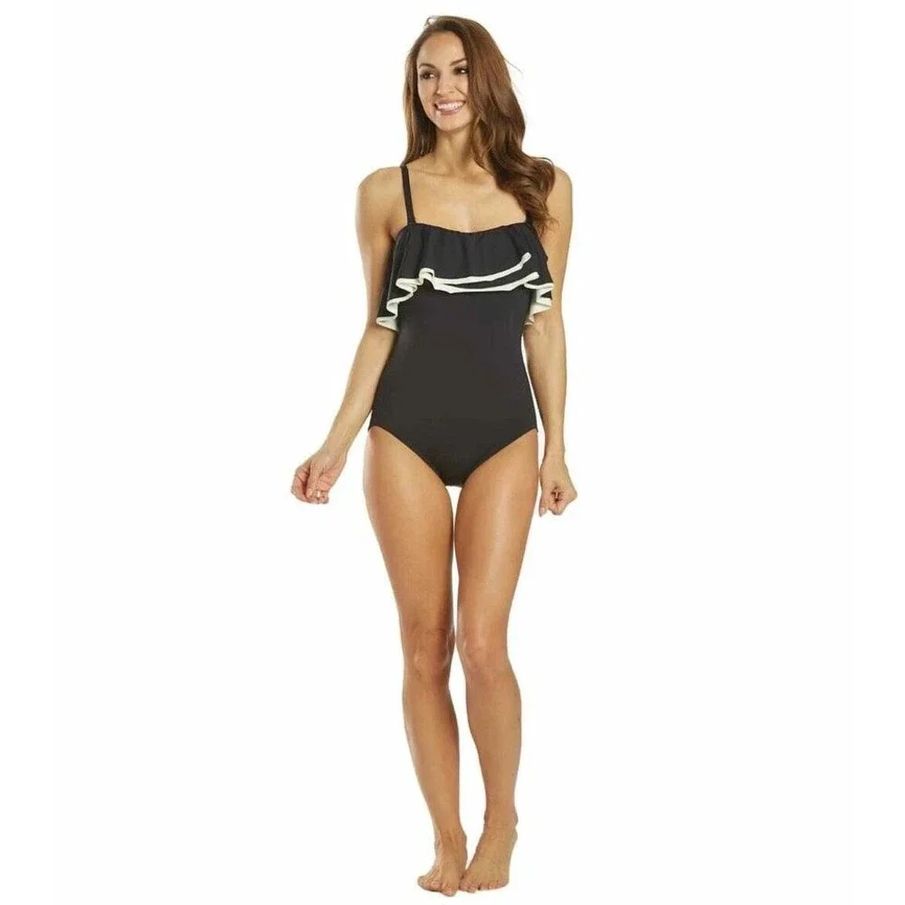 Contours Coco Reef  Agate Ruffle Tummy Control Swimsuit sz 14 /38D Black - Picture 3 of 6